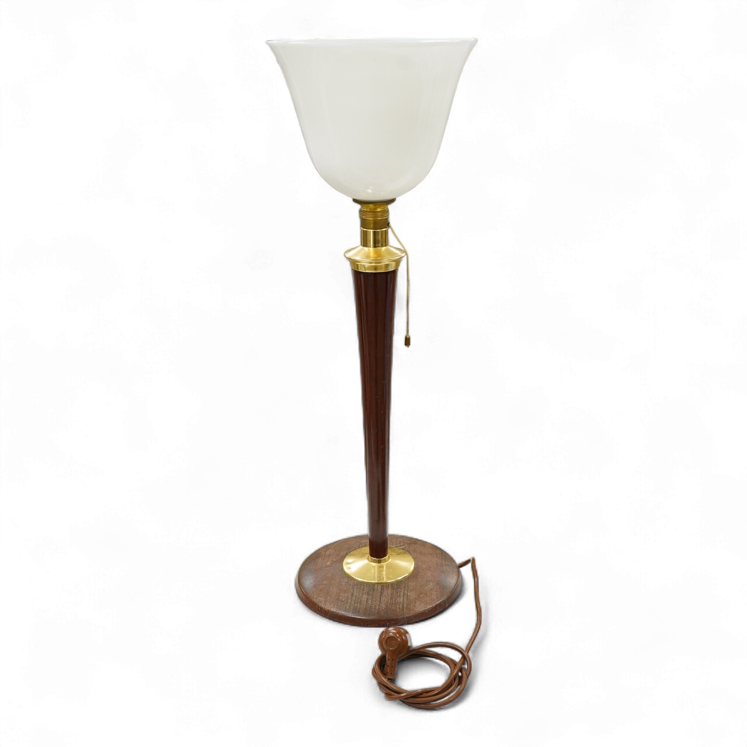 A vintage Mazda rosewood table lamp with opaque glass shade, 77cm high overall